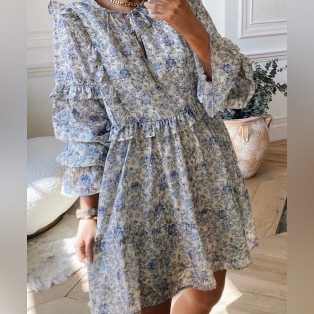 In The Style x Lorna Luxe Blue Vintage Floral Ruffle Frill Long Sleeve Dress